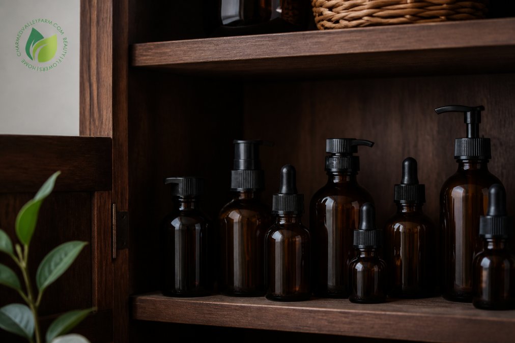 Close-up of amber glass skincare bottles stored in a cool, dark wooden cabinet with organized shelf arrangement, showing proper storage setup away from light and heat