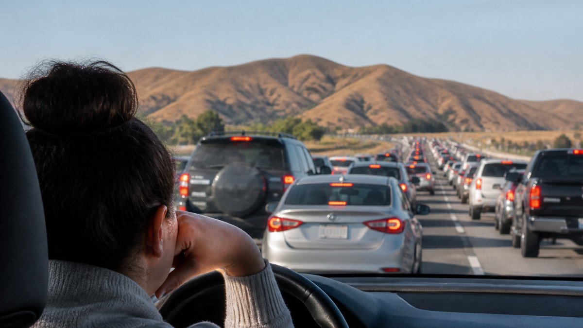 Driver stuck in heavy morning traffic on a Southern California freeway during a Ventura County commute.