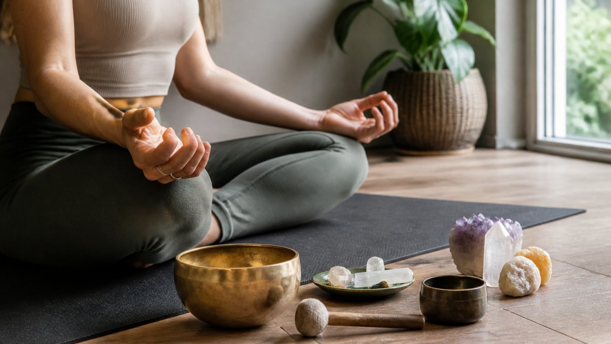 Person sitting cross-legged on a yoga mat in a bright, peaceful room with natural light, hands resting gently on their knees, eyes closed in a calm meditative state