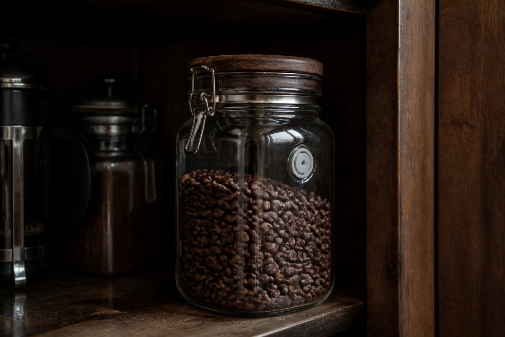 Close-up of freshly roasted coffee beans in an airtight glass container with a one-way valve, placed on a dark wooden shelf in a cool, dim kitchen cabinet away from direct light