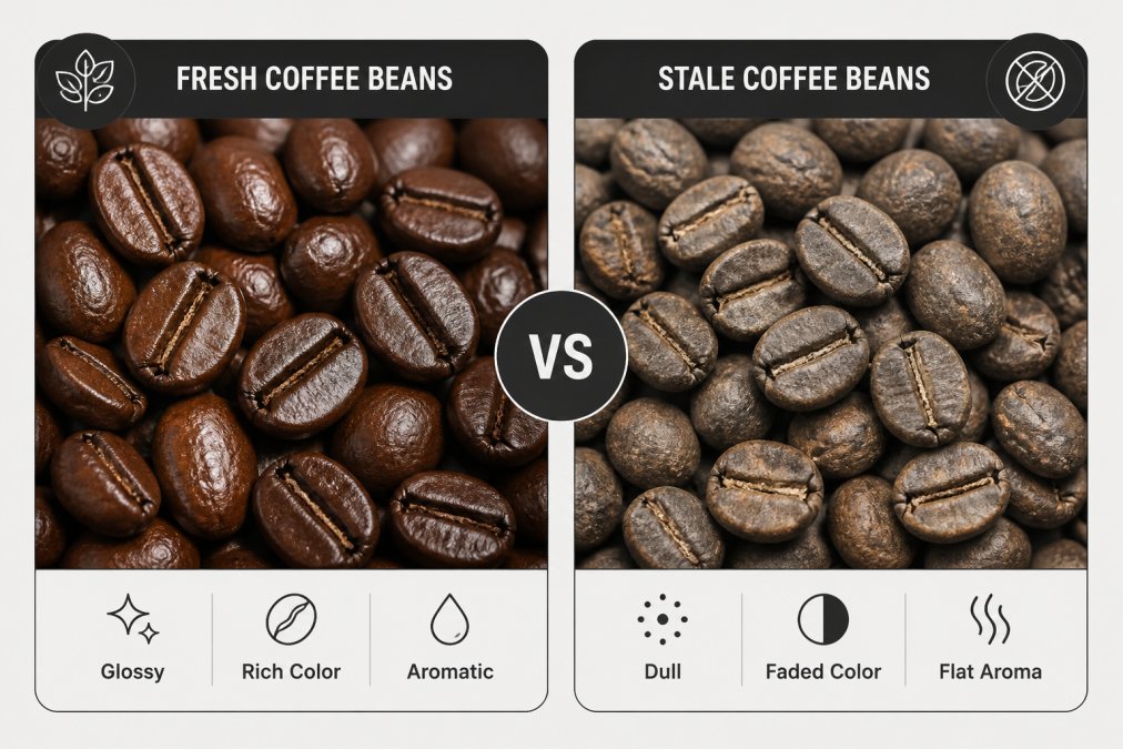 Side-by-side close-up comparison of vibrant, glossy dark brown whole coffee beans next to visibly dull, grayish-brown faded beans showing oxidation and age, photographed under bright natural light