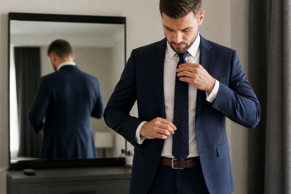 Close-up of a man in a tailored suit adjusting his silk tie so the tip rests at his belt buckle, shot in a bright dressing room with a mirror behind him