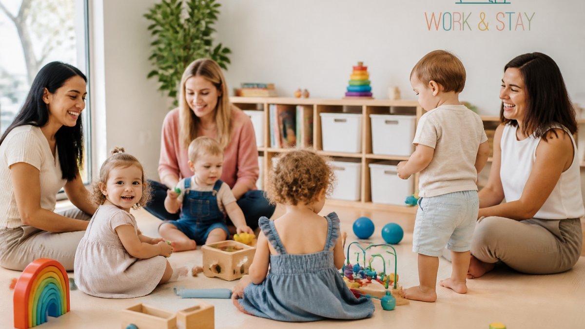 Group of toddlers and parents enjoying structured playtime together in a bright, colorful indoor play space with age-appropriate activities and natural lighting