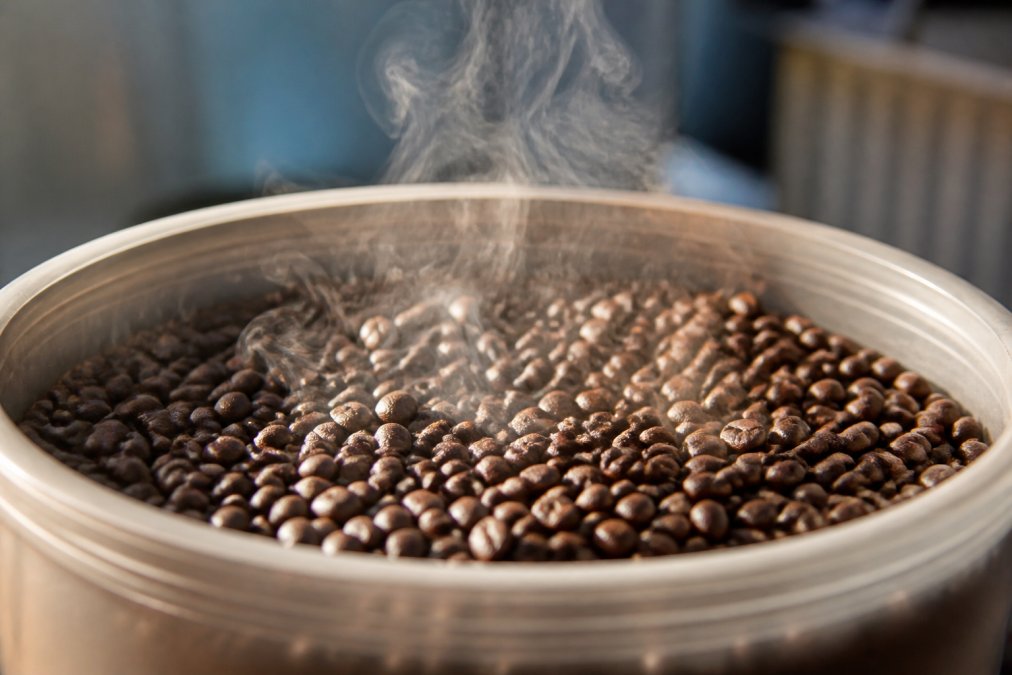 Close-up of freshly roasted coffee beans in an open container with visible steam or gas rising from the surface, showing the active degassing phase in warm natural light