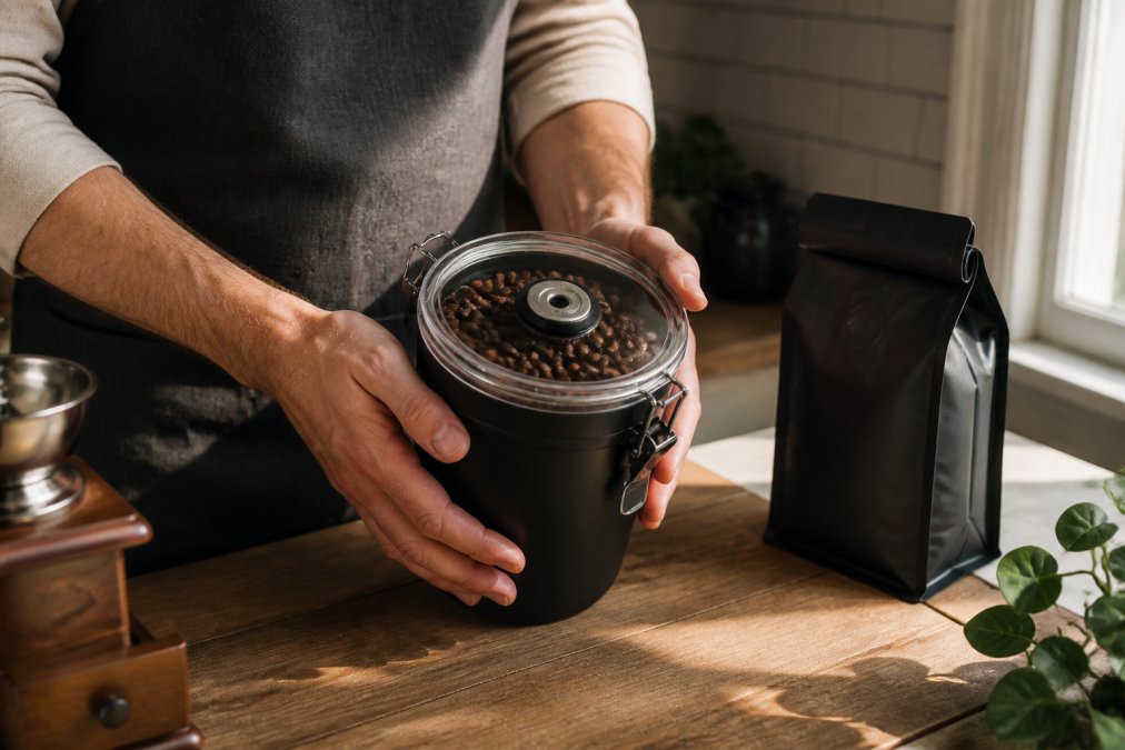 Hands holding an airtight coffee storage container with a visible one-way valve, positioned on a kitchen counter away from direct sunlight, with a coffee bag nearby