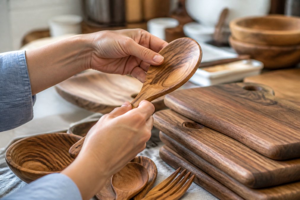 Person examining the grain and finish of wooden kitchenware before purchase