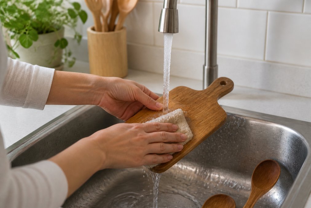 Hand washing a wooden cutting board with warm water at a kitchen sink