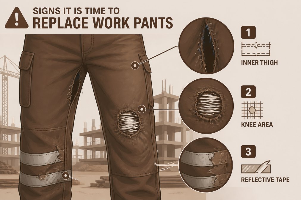 Close-up of worn work trousers showing visible damage including torn seams at the inner thigh, frayed fabric at the knee area with exposed white threads, and faded reflective tape that is peeling away from the leg, on a construction site with concrete and steel framework visible in the background