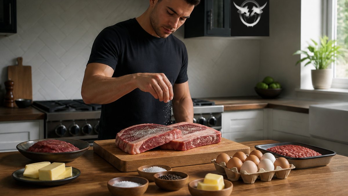 Person preparing a meal with fresh grass-fed beef and simple ingredients on a clean kitchen counter, natural lighting
