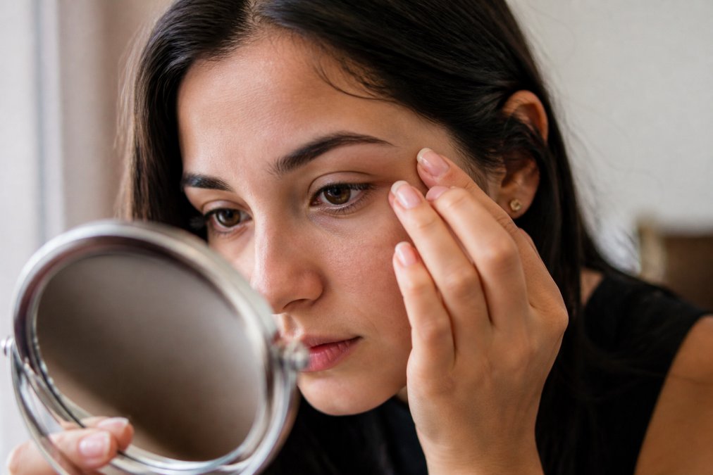 Close-up of a woman's eye area looking into a magnifying mirror, examining her natural lashes in soft natural light, with a calm and careful expression