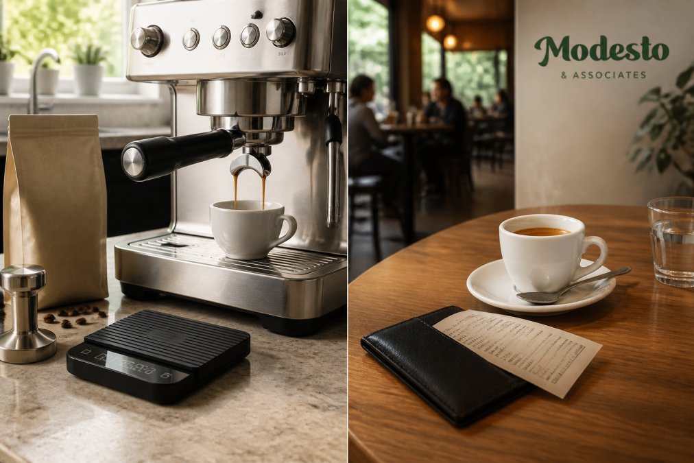 A home barista pulling a double shot of espresso into a white ceramic cup on a stainless steel machine, with a small kitchen scale and a bag of coffee beans visible on the counter in a bright modern kitchen