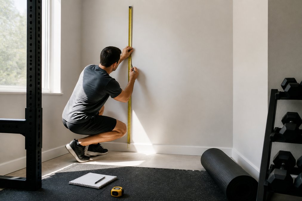 Person measuring a corner in a small apartment to build a small home gym layout with a tape measure and pencil