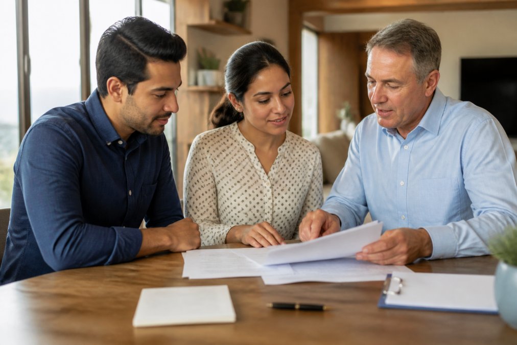 Real estate professional and clients reviewing closing documents together at a wooden desk in a bright office, with papers and a pen visible