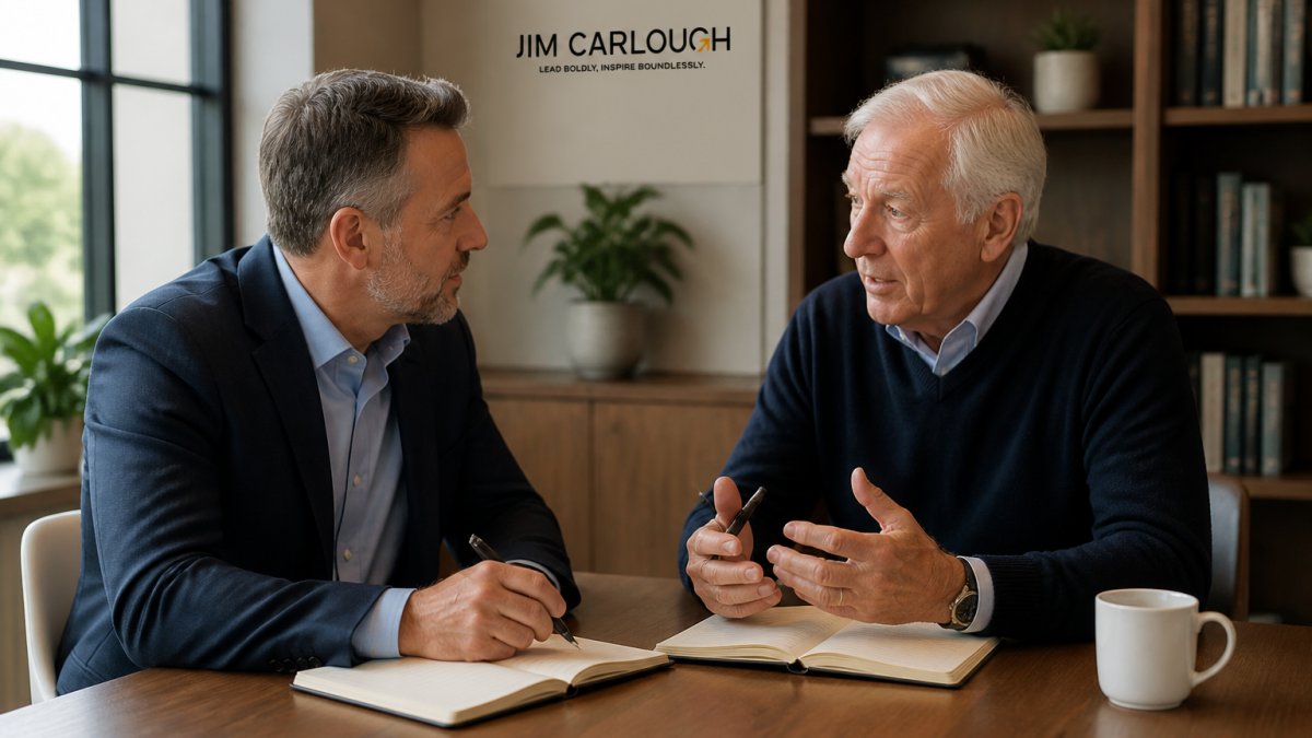 A mid-level executive in a one-on-one coaching conversation with a mentor in a bright office, both leaning in with notebooks open, suggesting focused reflection and feedback