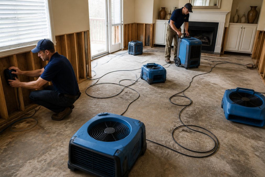 Industrial dehumidifiers and air movers positioned throughout a water-damaged living room, with technicians adjusting equipment placement and monitoring moisture levels on walls and flooring