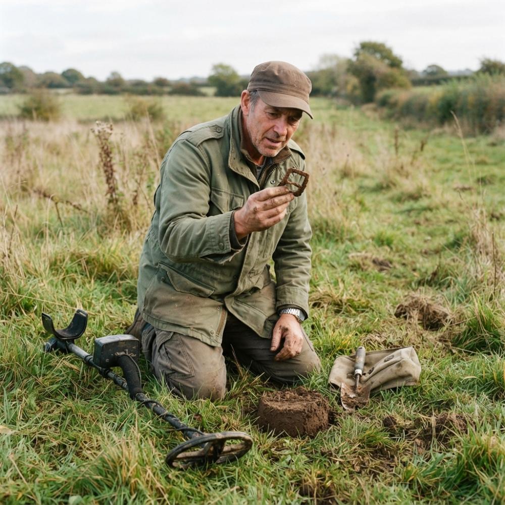 A focused hobbyist in his 50s kneeling in a grassy field, holding a metal detector and carefully inspecting a small rusted object he just dug from a neat plug of soil
