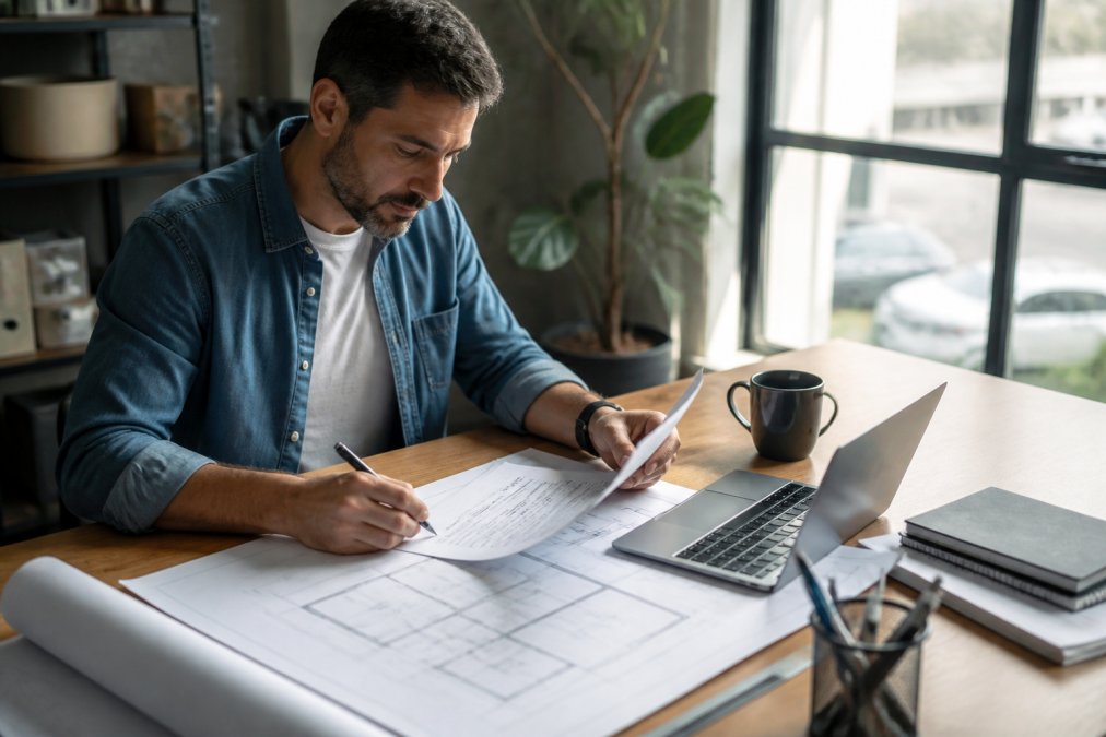Small business owner reviewing sign permit paperwork at a desk with a laptop and building plans in morning light