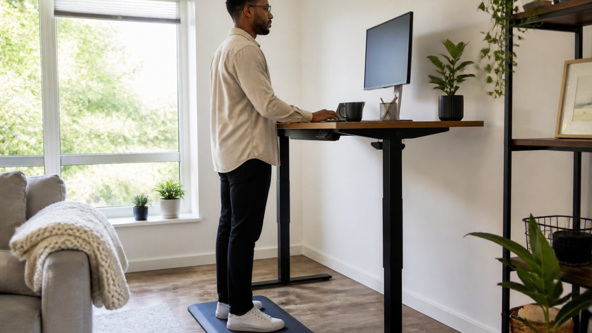 Remote worker standing at desk with proper posture, feet flat on anti-fatigue mat, shoulders relaxed, monitor at eye level in bright home office with natural window lighting