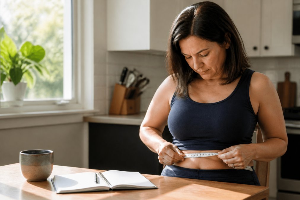 A woman in her 40s sitting at a kitchen table measuring her waist with a tape measure, a journal and pen beside her, soft morning light through the window, calm and focused expression