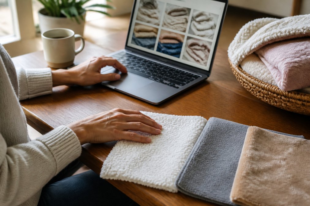 Person's hands using a laptop to browse custom blanket options, with fabric swatches of fleece, sherpa, and mink materials spread nearby on a wooden desk in natural daylight