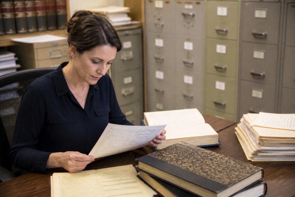 Professional title examiner at a desk reviewing property documents and county records on a computer screen, with filing cabinets and legal documents visible in the background