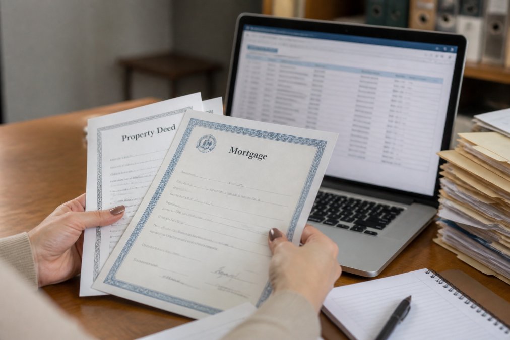 Hands holding a property deed and mortgage documents while reviewing a laptop screen showing public records database, demonstrating the blend of digital and manual research methods