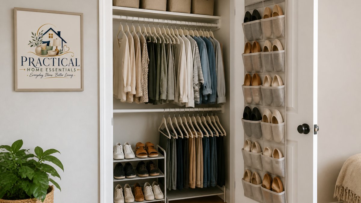 Small closet with slim matching hangers on a double-hang rod, over-the-door shoe organizer, labeled fabric bins on the top shelf, and a tiered shoe rack on the floor