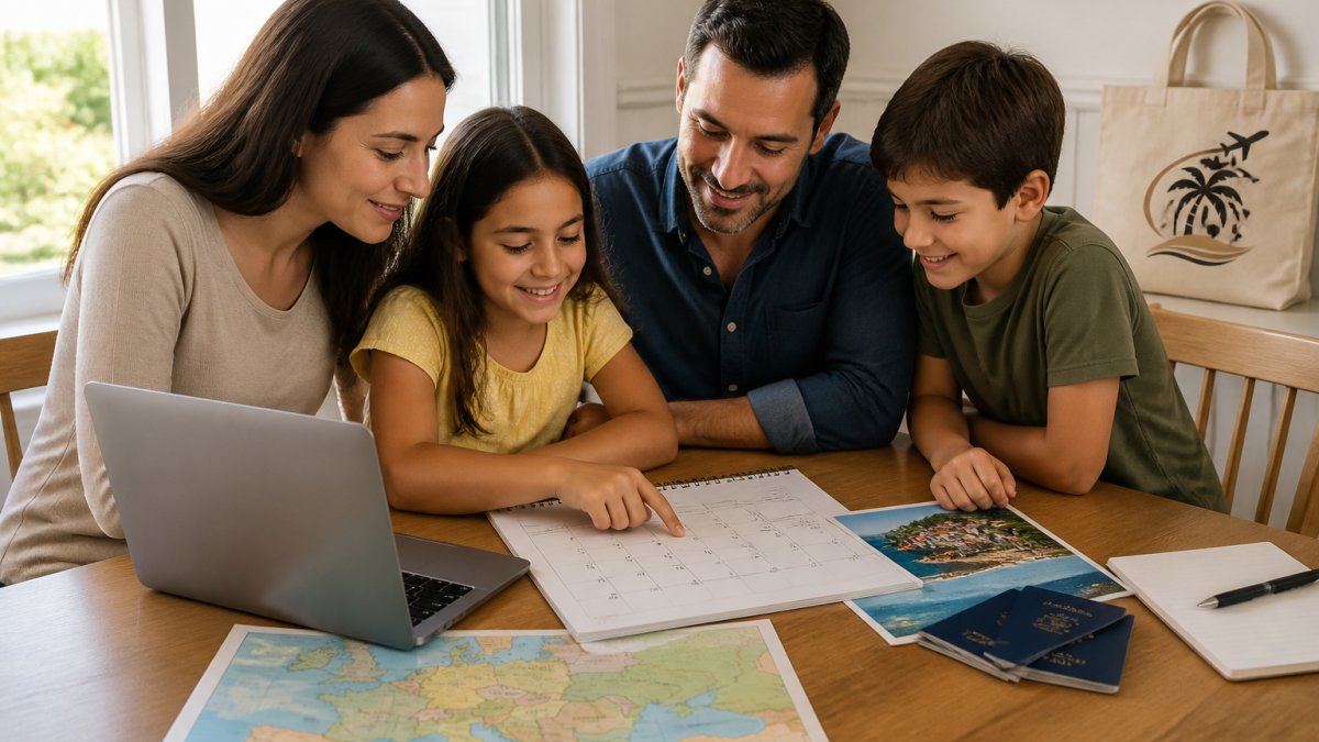 Family of four seated around a dining table with a laptop, printed calendar, and travel documents spread out, planning their Europe trip together in natural afternoon light