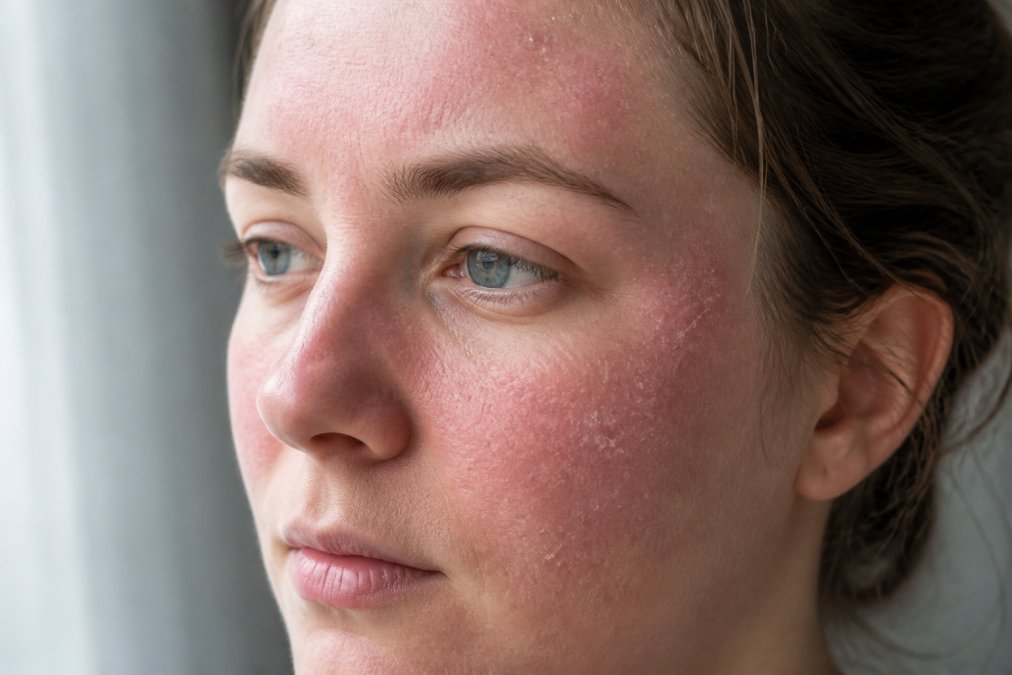 Close-up of a person's face showing visible redness, flaking patches, and irritated skin texture on cheeks and forehead with natural daylight