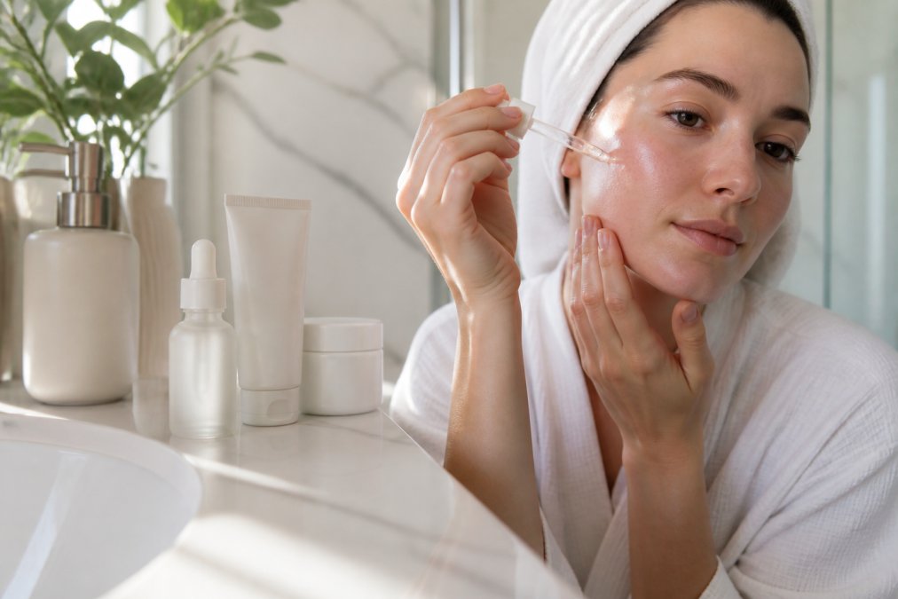 Hands gently applying a lightweight serum to clean, damp facial skin with skincare products arranged on a white marble bathroom counter in soft natural light