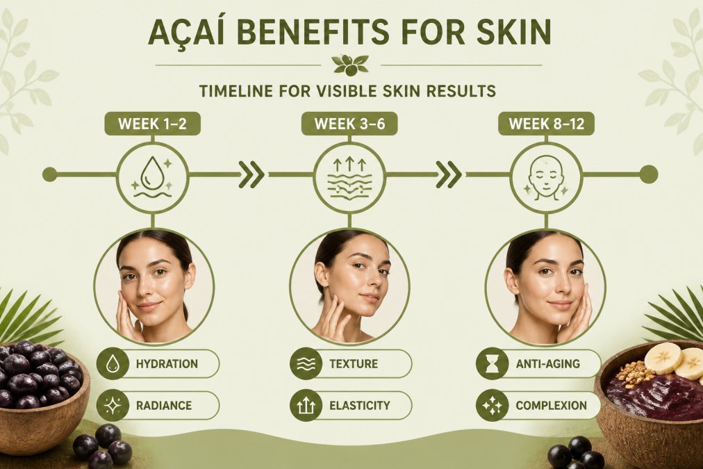 Timeline showing progression of skin benefits from week 1 through week 12, with specific outcomes at each stage: Week 1-2 hydration and radiance, Week 3-6 texture and elasticity improvements, Week 8-12 anti-aging and complexion changes