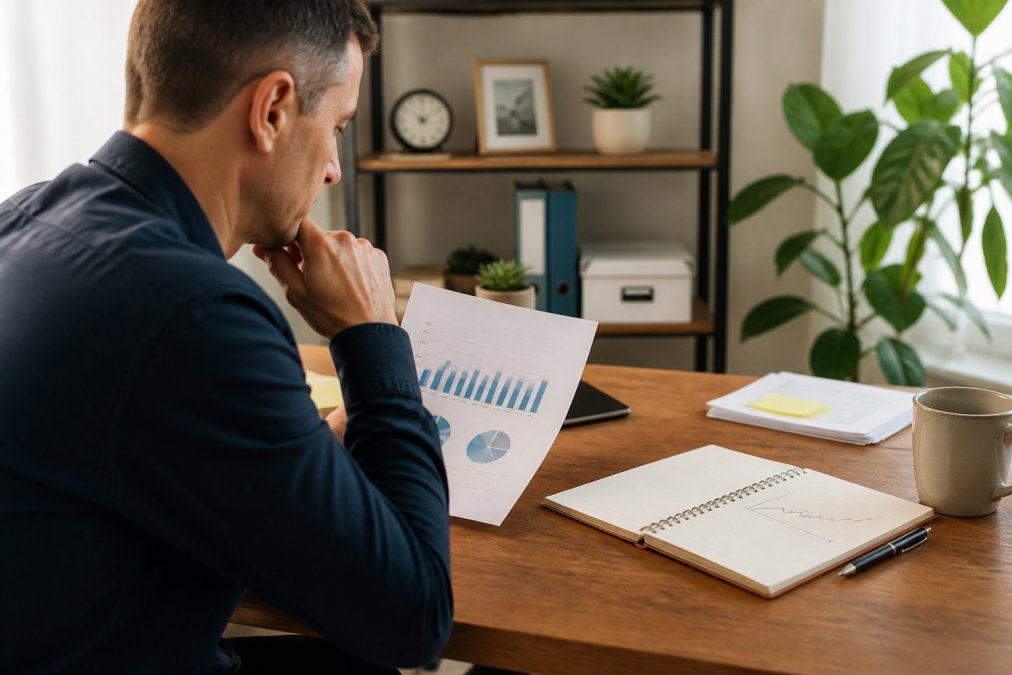 Small business owner reviewing organic search analytics and traffic reports on a laptop at a desk with growth charts visible on a notepad
