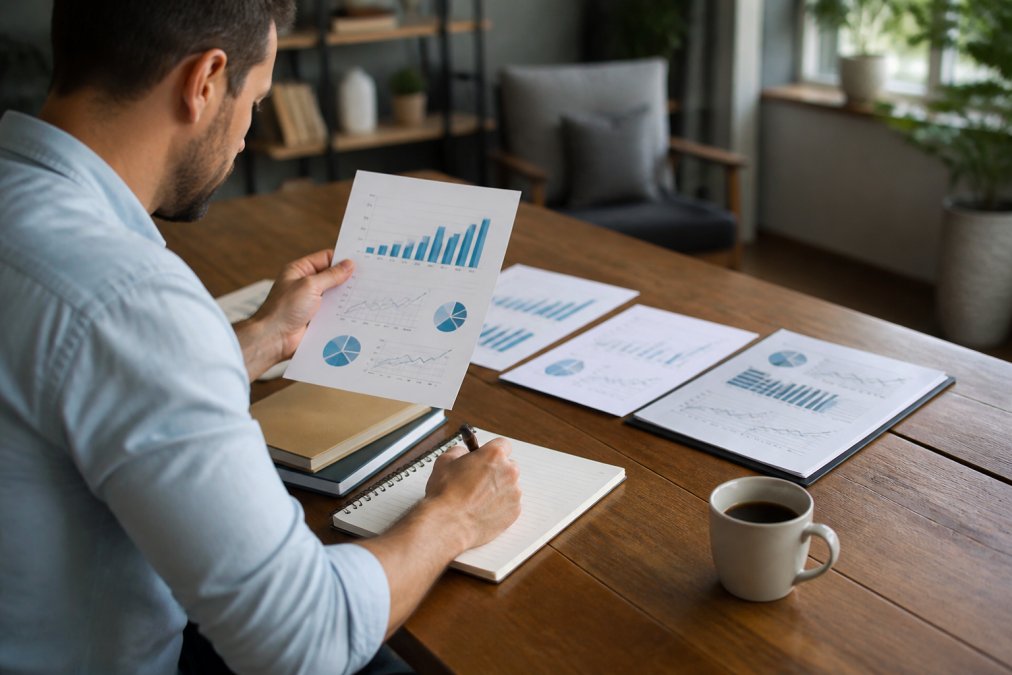 Business owner analyzing financial metrics, growth charts, and performance data on a tablet while taking notes at a wooden desk with coffee nearby