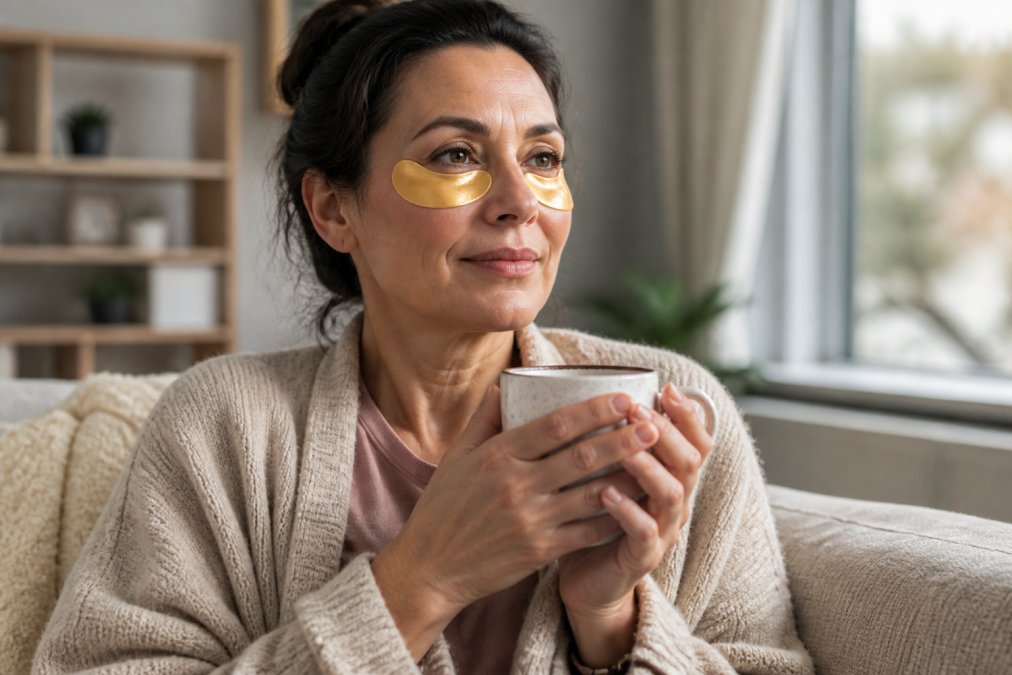 A woman in her forties relaxing on a couch with gold under-eye patches on, holding a cup of tea, soft morning light through a window