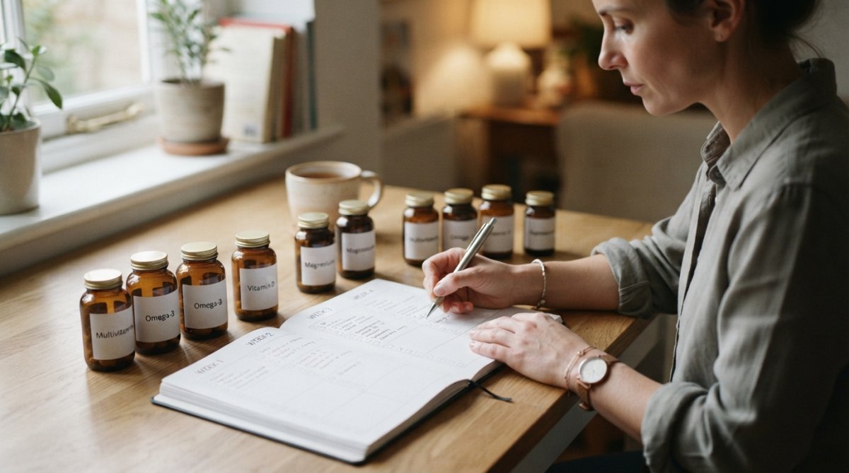 Person holding a calendar or daily planner with supplement bottles arranged by week, showing progression over time in natural lighting