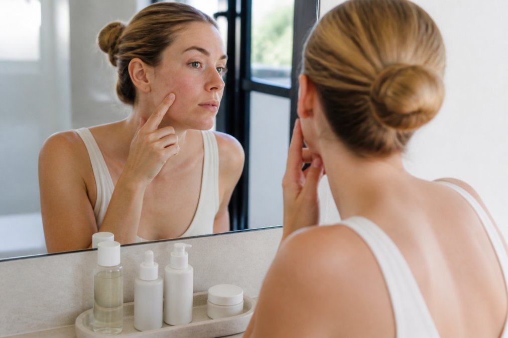 Person examining their face closely in a well-lit bathroom mirror, pointing to areas of visible skin improvement in texture and hydration with natural morning light