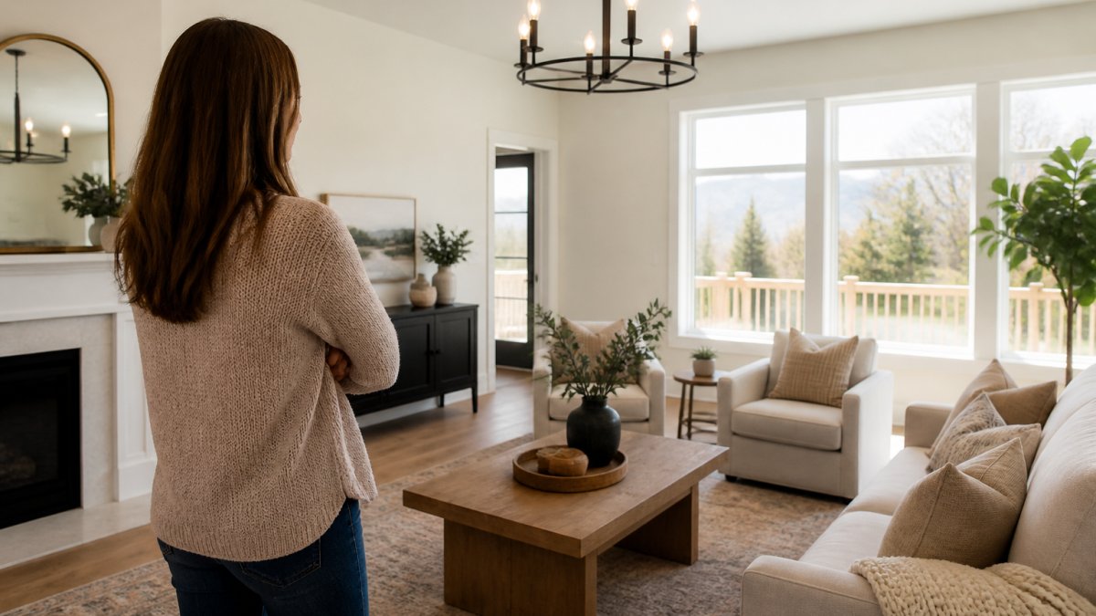 Homeowner standing in a bright, freshly painted living room with updated light fixtures and clean, modern furnishings, natural light streaming through large windows