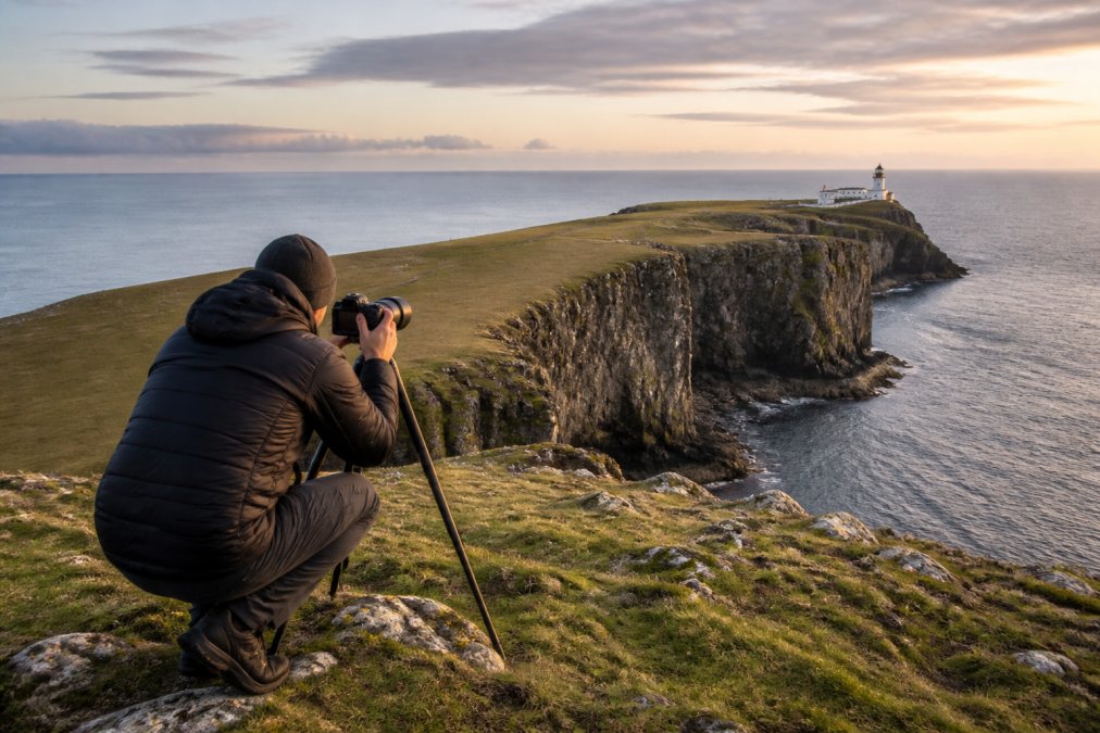 A photographer crouching low on a grassy cliff edge at Neist Point, tripod planted on uneven ground, wide-angle lens aimed toward the white lighthouse and sea cliffs under soft evening light