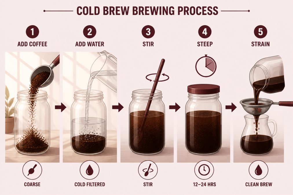 Close-up of coarse coffee grounds being poured into a clear glass brewing jar with cold filtered water, showing the immersion process beginning with morning sunlight streaming through the glass