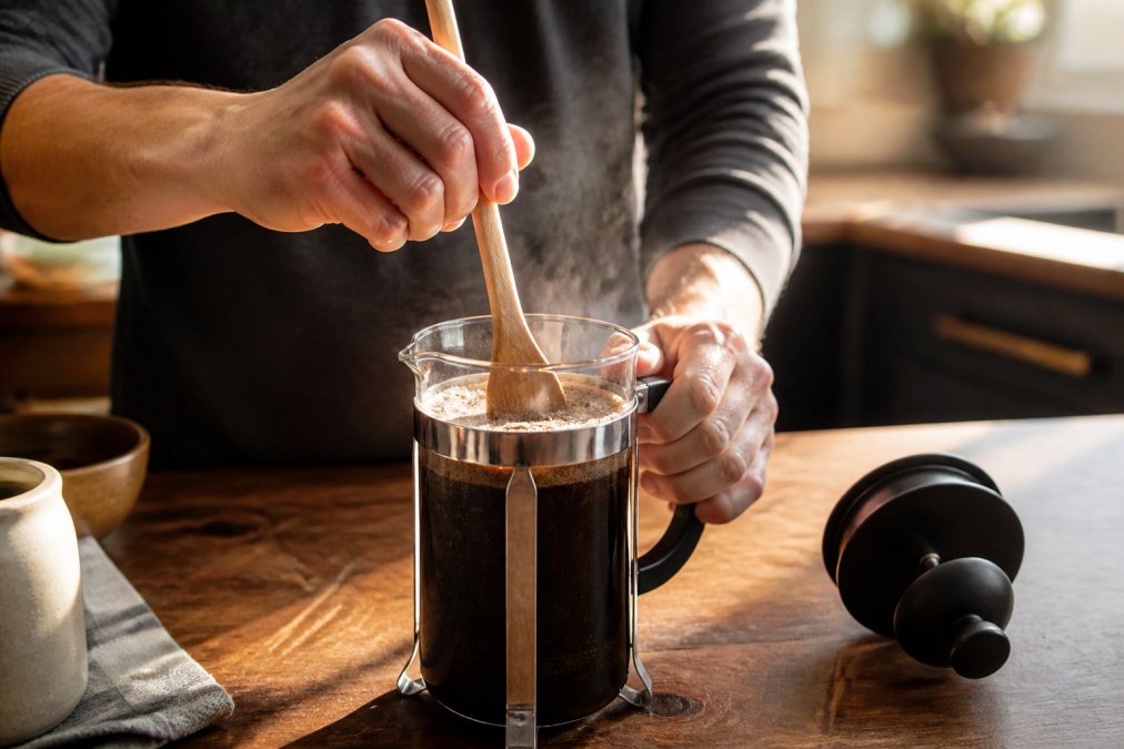 Hands using a wooden spoon to break the crust of brewing french press coffee in a sunlit kitchen.