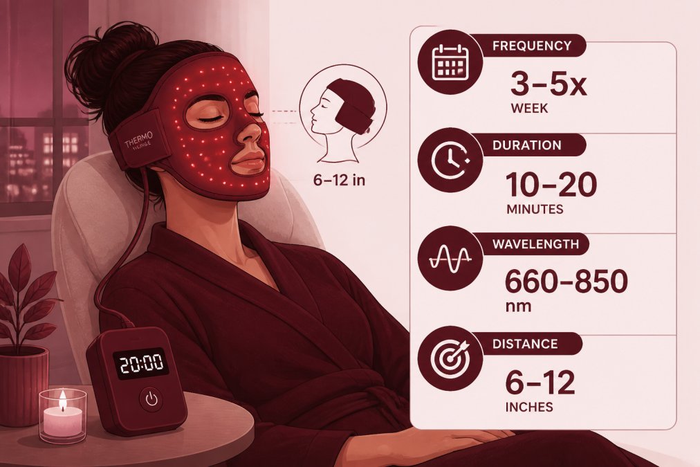 Person wearing a red light therapy pad on their face at home, sitting in a comfortable position with the device timer visible, showing proper positioning and relaxed application technique in natural evening lighting