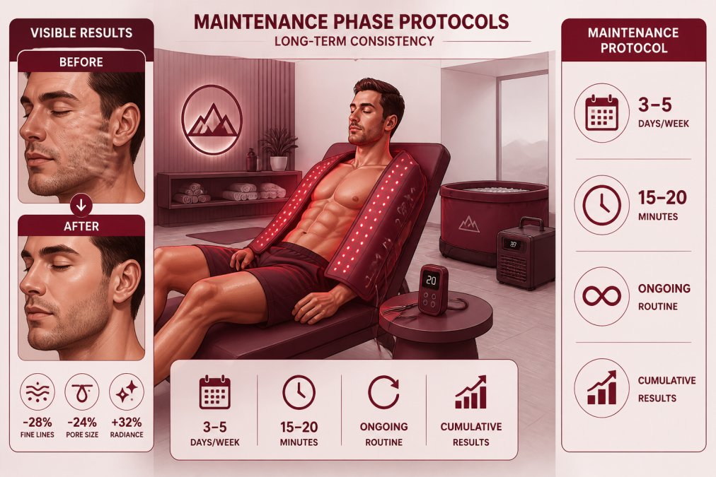 Athlete in a modern home recovery space with red light therapy equipment integrated into their wellness routine, showing visible skin texture improvements and healthy complexion, with before-and-after comparison visible in the setting