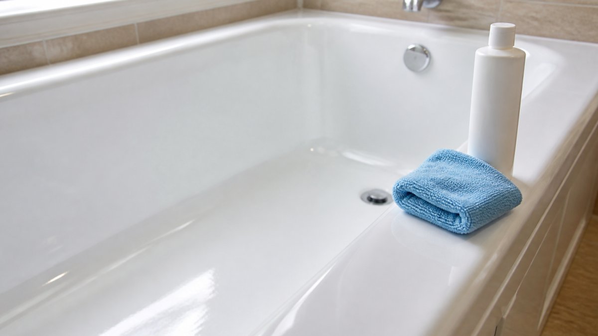 Close-up of a freshly reglazed bathtub with glossy white finish under soft natural lighting, soft microfiber cloth and bottle of mild cleaning solution positioned on the tub's edge