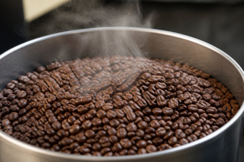 Close-up of freshly roasted coffee beans in an open container with visible steam rising from the warm beans, showing the active degassing stage in natural lighting