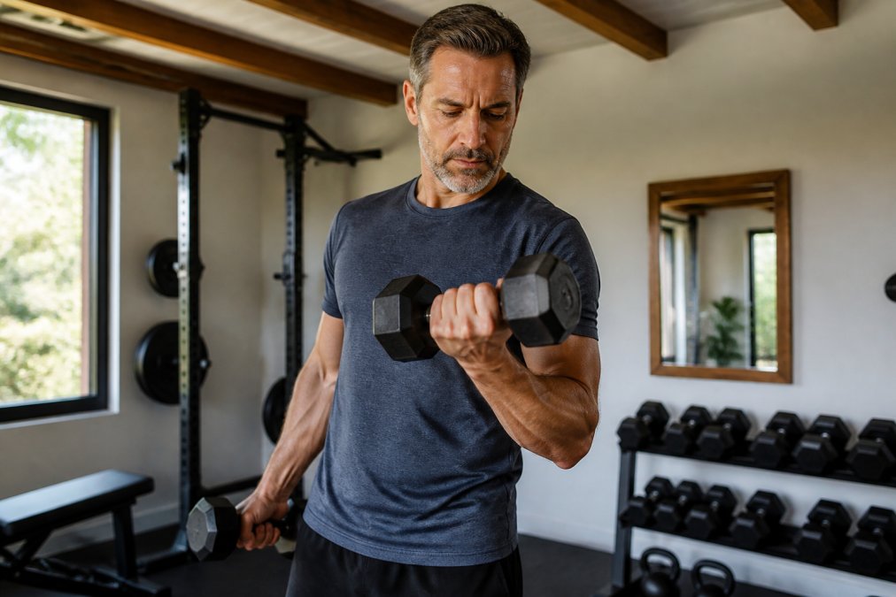 A man in his late 40s performing a set of dumbbell curls in a bright home gym, looking focused and energized with natural window light