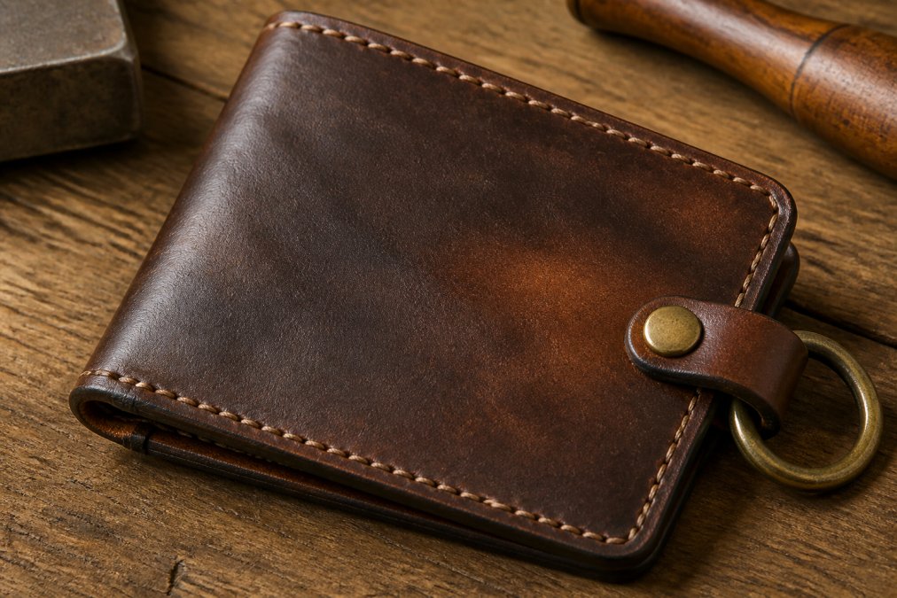 Close-up of premium full-grain leather wallet showing rich patina coloring, precise saddle stitching with consistent spacing, smooth burnished edges, and solid brass hardware under natural daylight