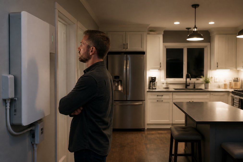 A homeowner monitors a 10kWh power battery system during a kitchen outage with appliances running normally.