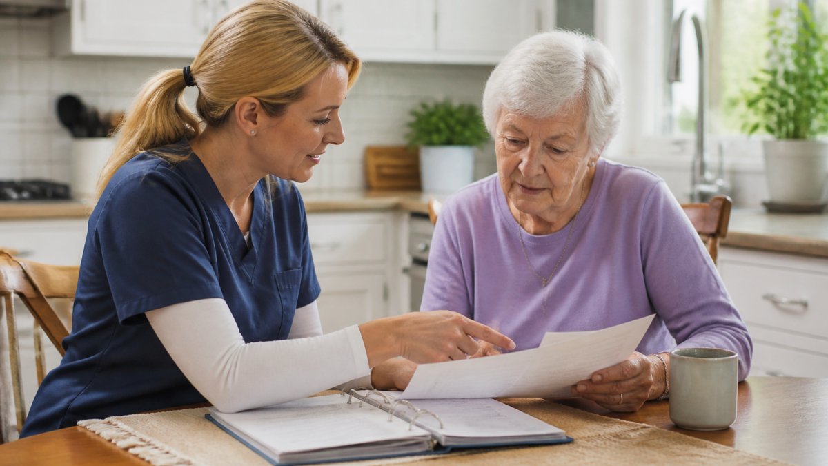 A registered nurse in scrubs sitting at a kitchen table with an older adult, reviewing paperwork and a care plan together in a sunlit home