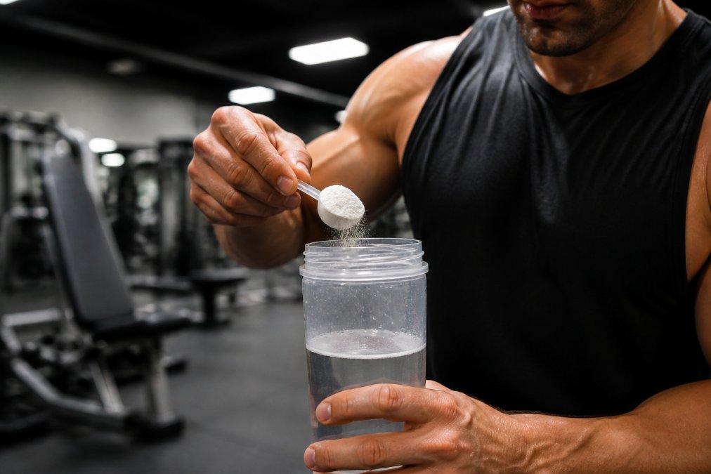 Close-up of an athlete's hand scooping white pre-workout powder into a clear shaker bottle filled with water, gym equipment blurred in the background, bright overhead lighting