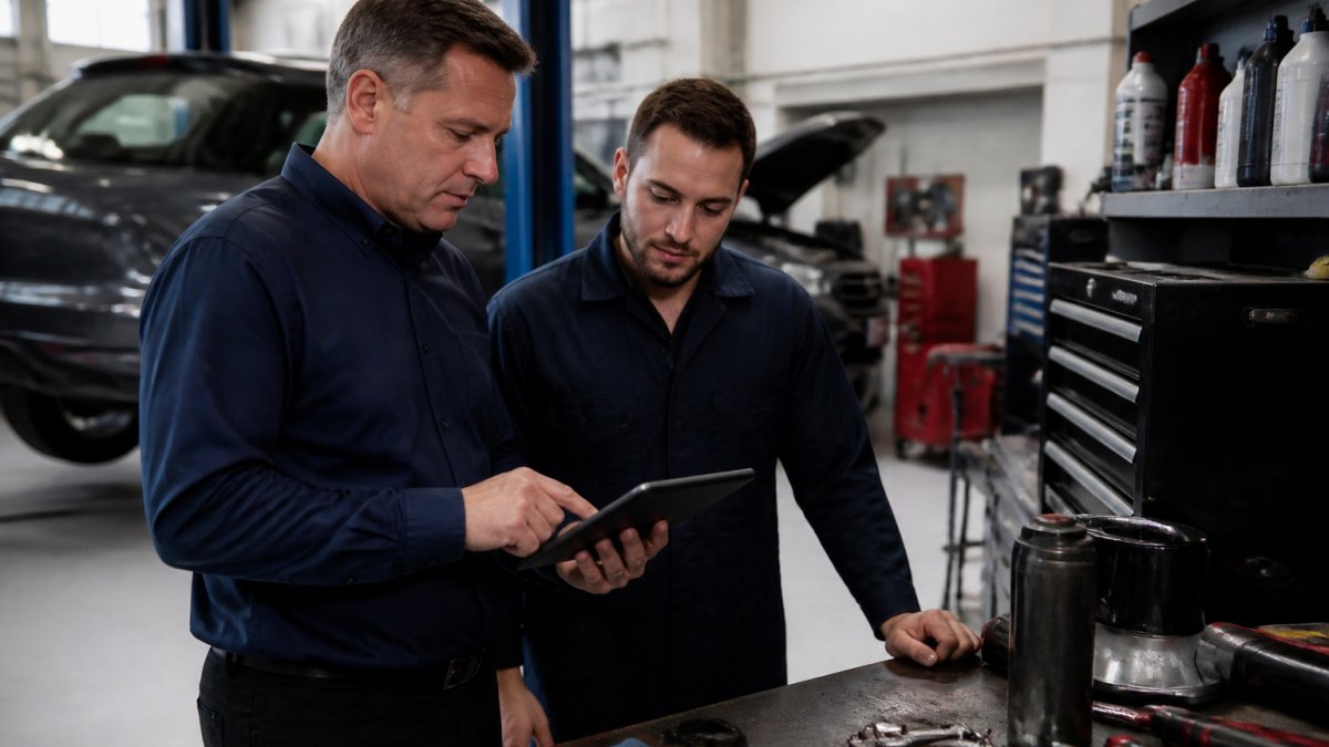 Professional service manager reviewing dealership loyalty program structure and customer data on a tablet with a team member in the service bay, both examining program details